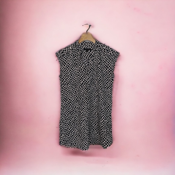 BANANA REPUBLIC MOD Mini Dress Tunic Black Ivory Graphic Print Pockets Sz 10 - Picture 4 of 5